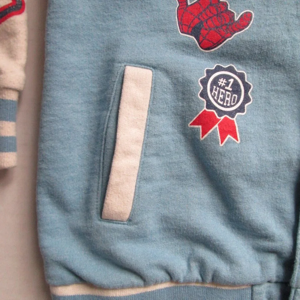 Marvel Spiderman Varsity Bomber Jacket Boys Sz 6 Graphic Print Blue White